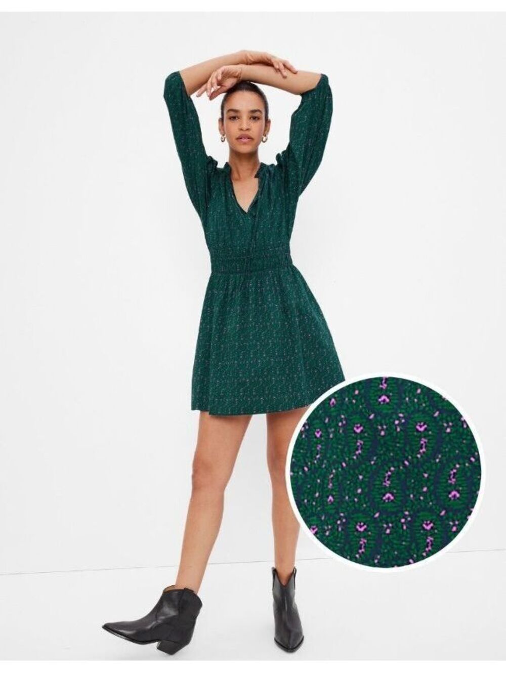 Gap Smocked Waist Puff Mini Dress green Floral